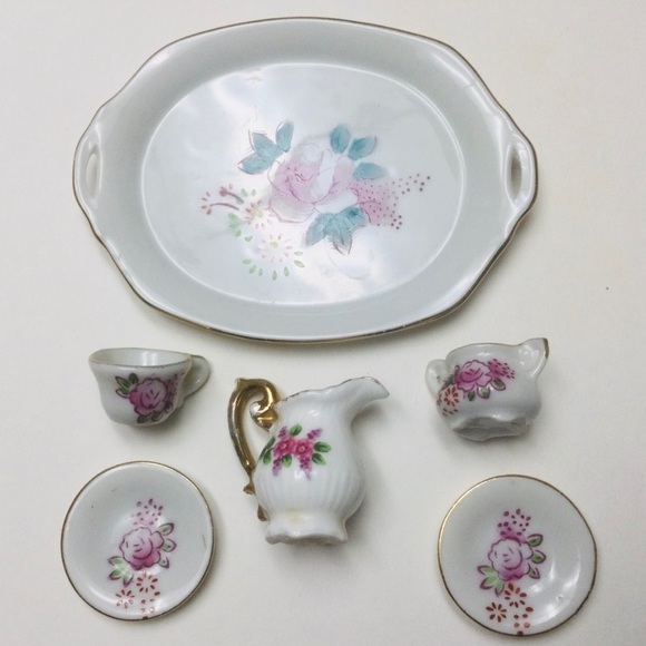 MINIATURE - PORCELAIN - CHINA - FLORAL - TEA SET - Picture 3 of 4